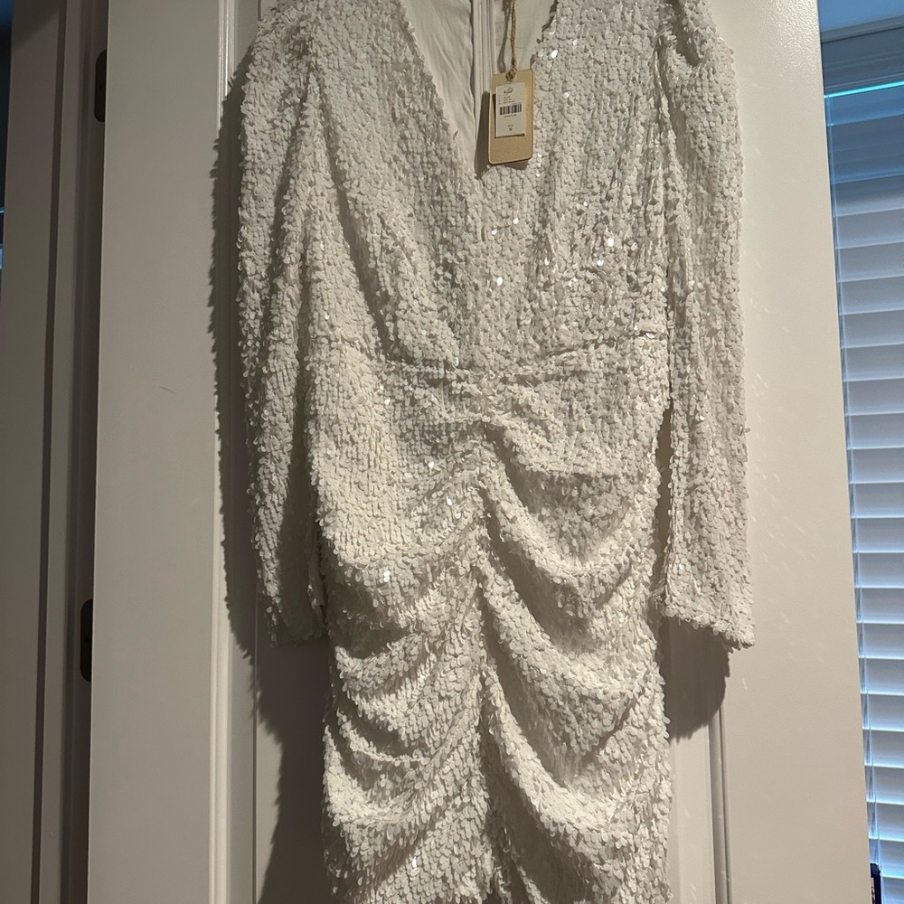 White Sequin V-Neck Dress Sz M from Anthropologie. Brand new.